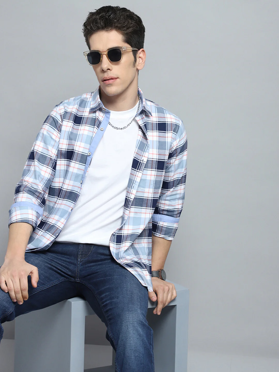 Men Blue Check Collar Full Sleeve Shirt - Image 6