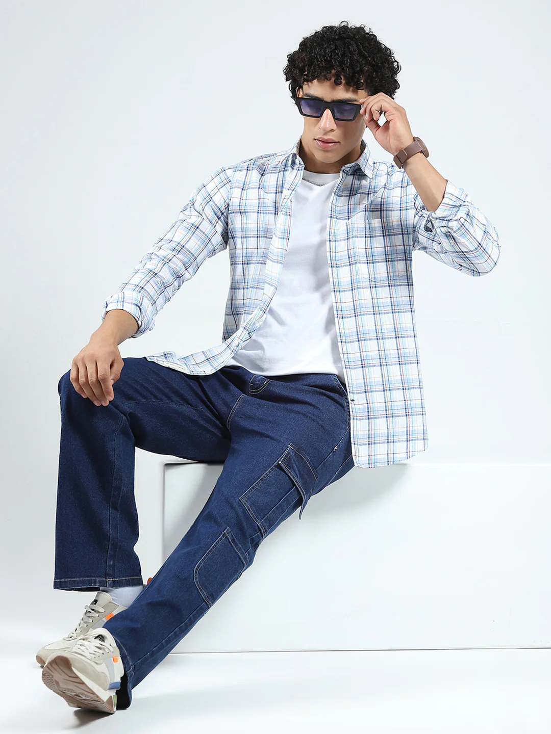 Men Blue Check Collar Full Sleeve Linen Shirt - Image 2