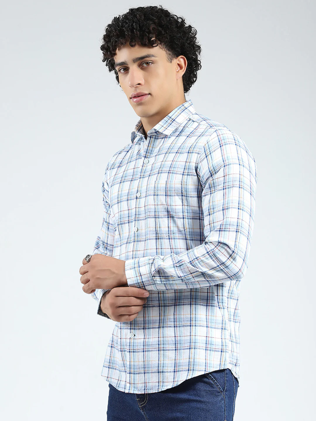 Men Blue Check Collar Full Sleeve Linen Shirt - Image 3