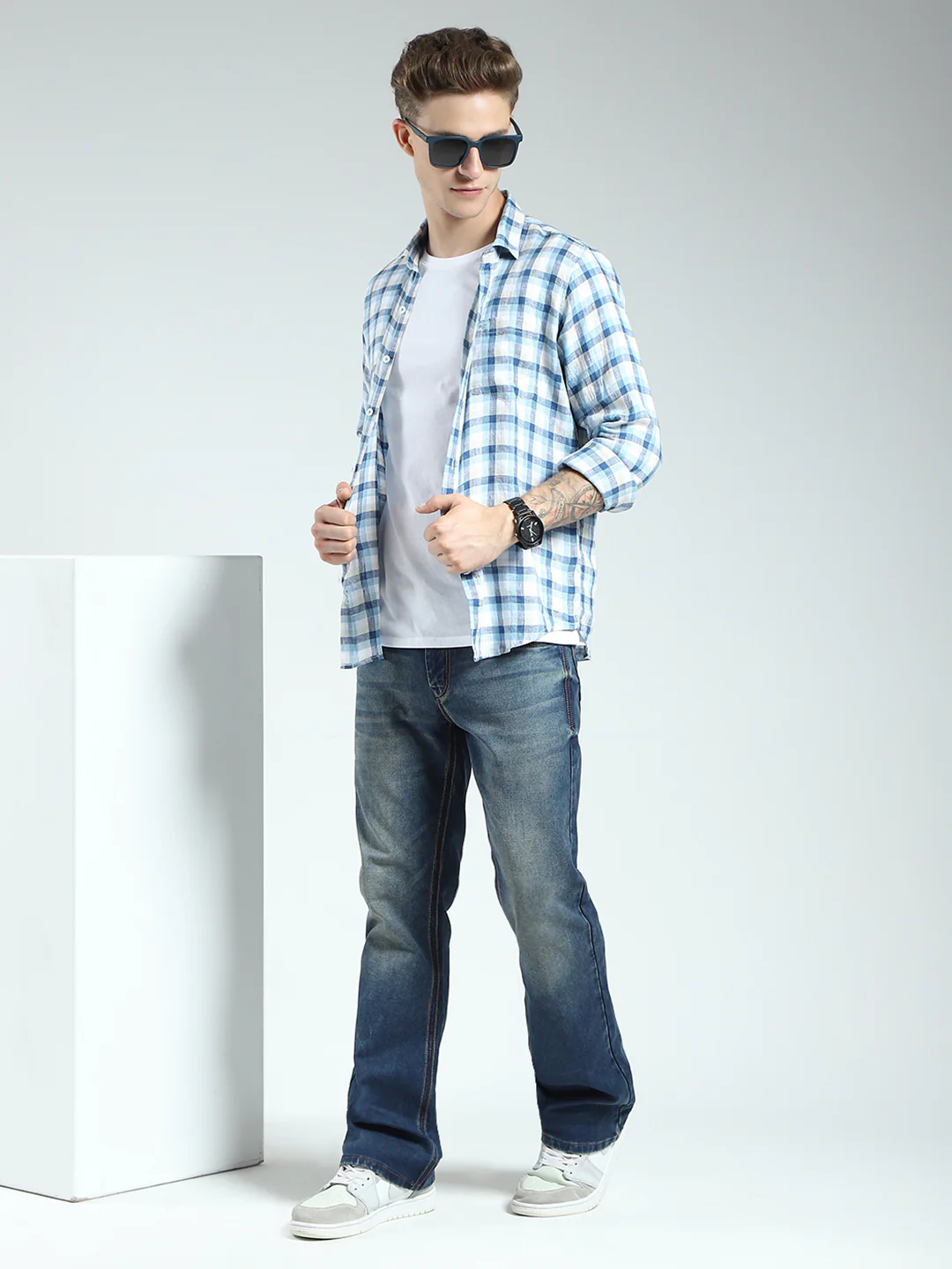 Men Blue Check Collar Full Sleeve Linen Shirt - Image 2