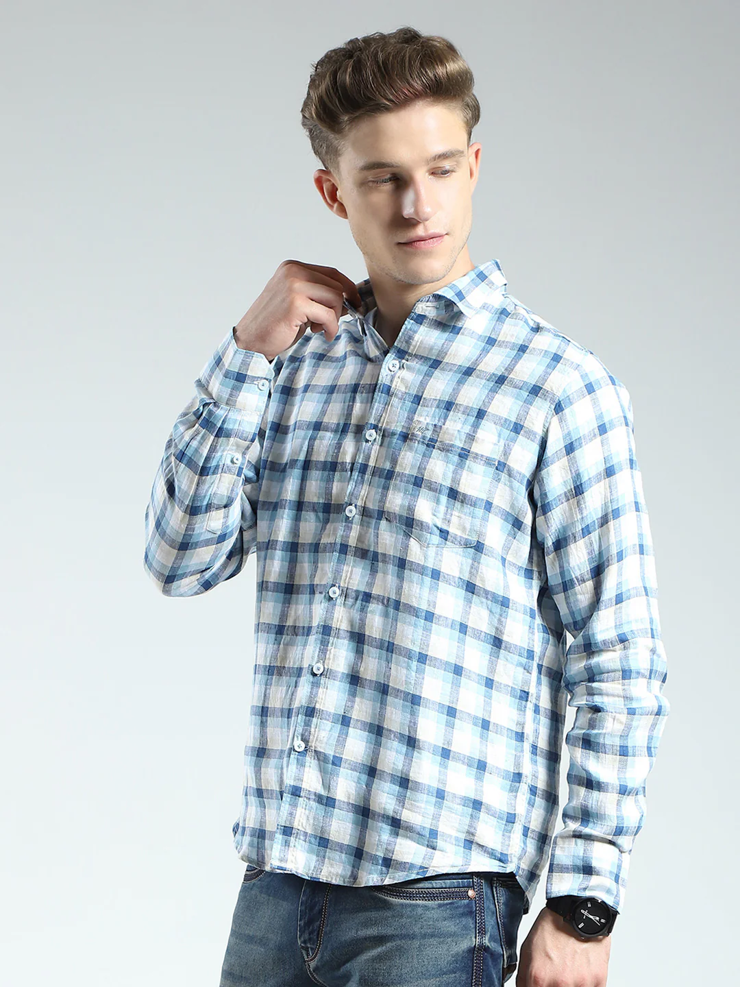 Men Blue Check Collar Full Sleeve Linen Shirt - Image 3