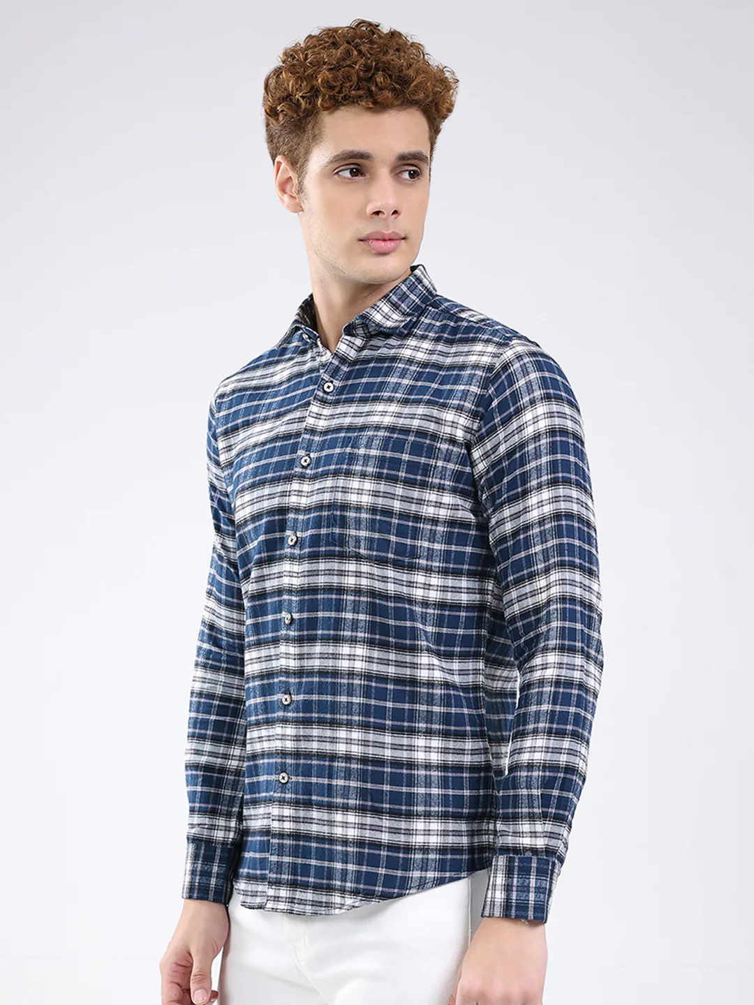 Men Blue Check Collar Full Sleeve Shirt - Image 3
