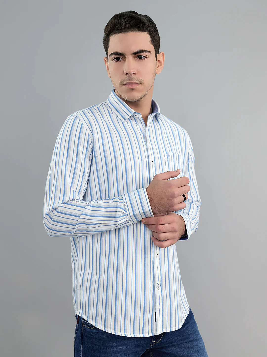 Men Blue Check Collar Full Sleeve Shirt - Image 3