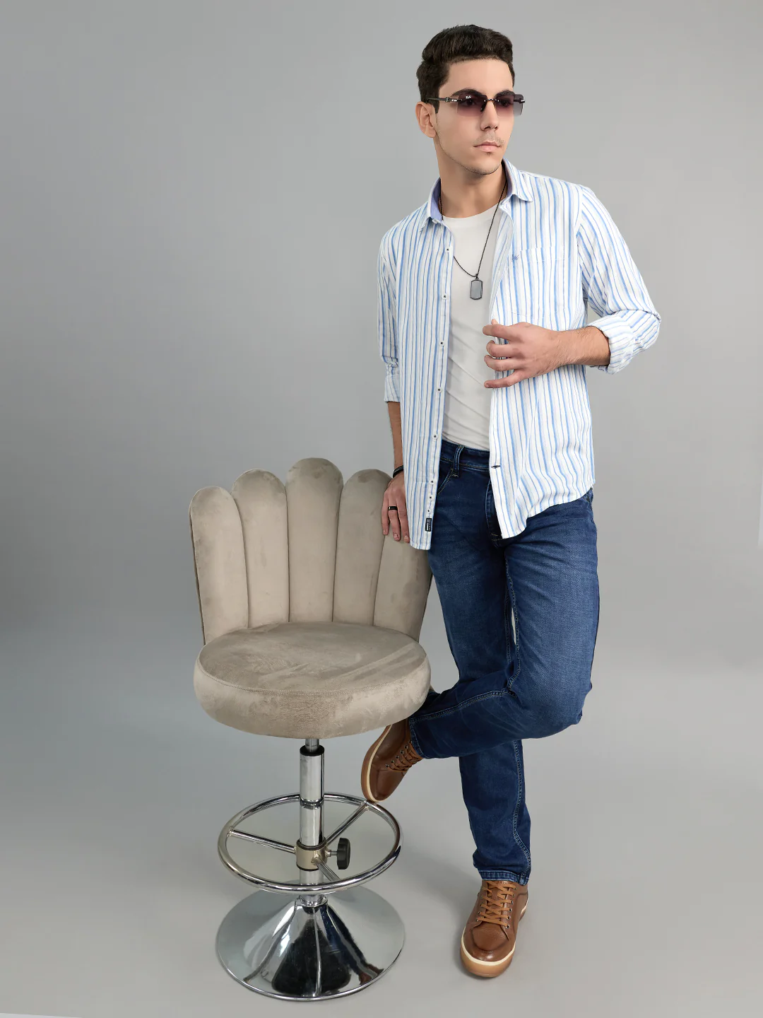 Men Blue Check Collar Full Sleeve Shirt - Image 7