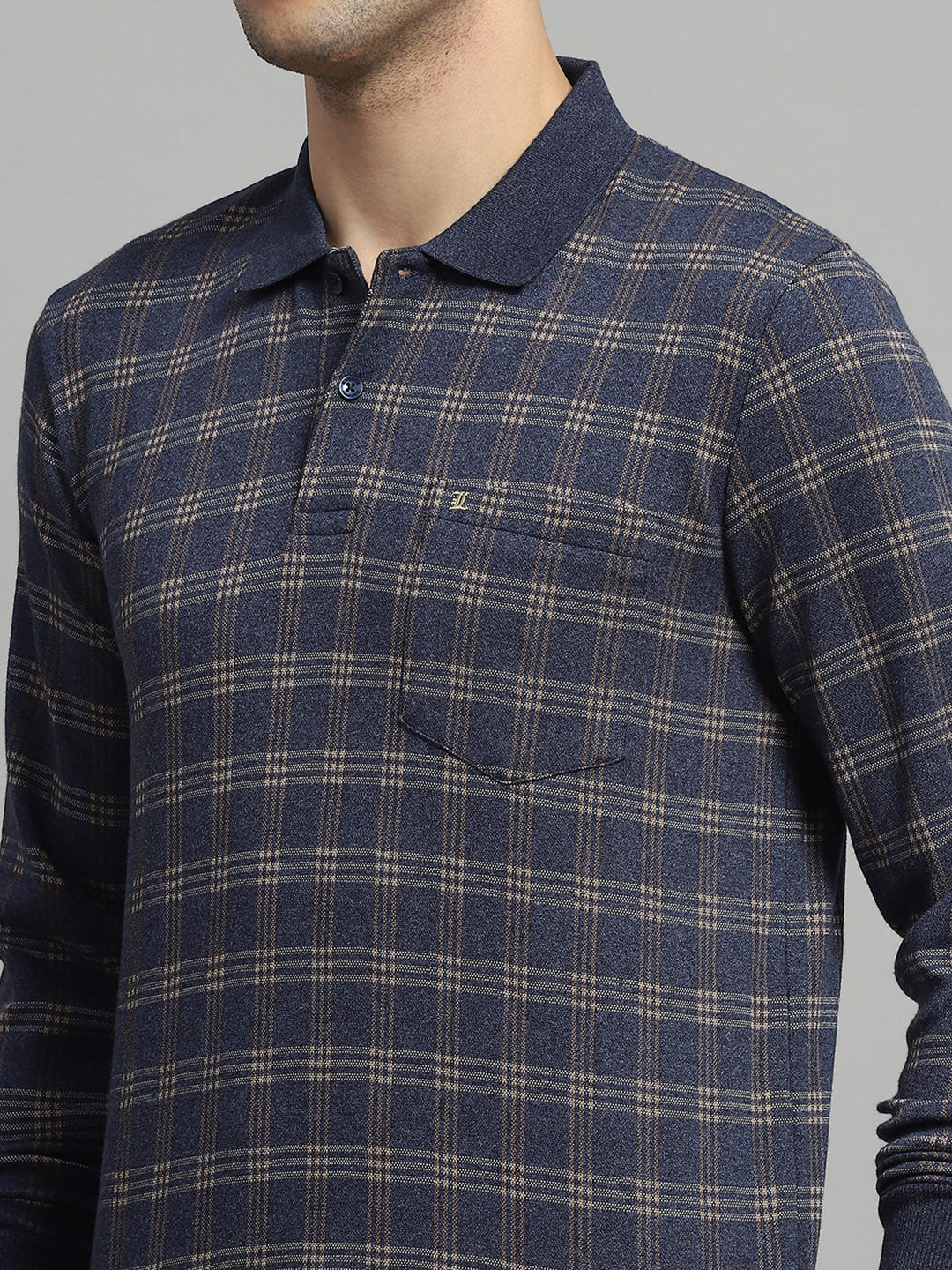 Luxuria Men Blue Check Collar Full Sleeve Winter T-Shirt - Image 6