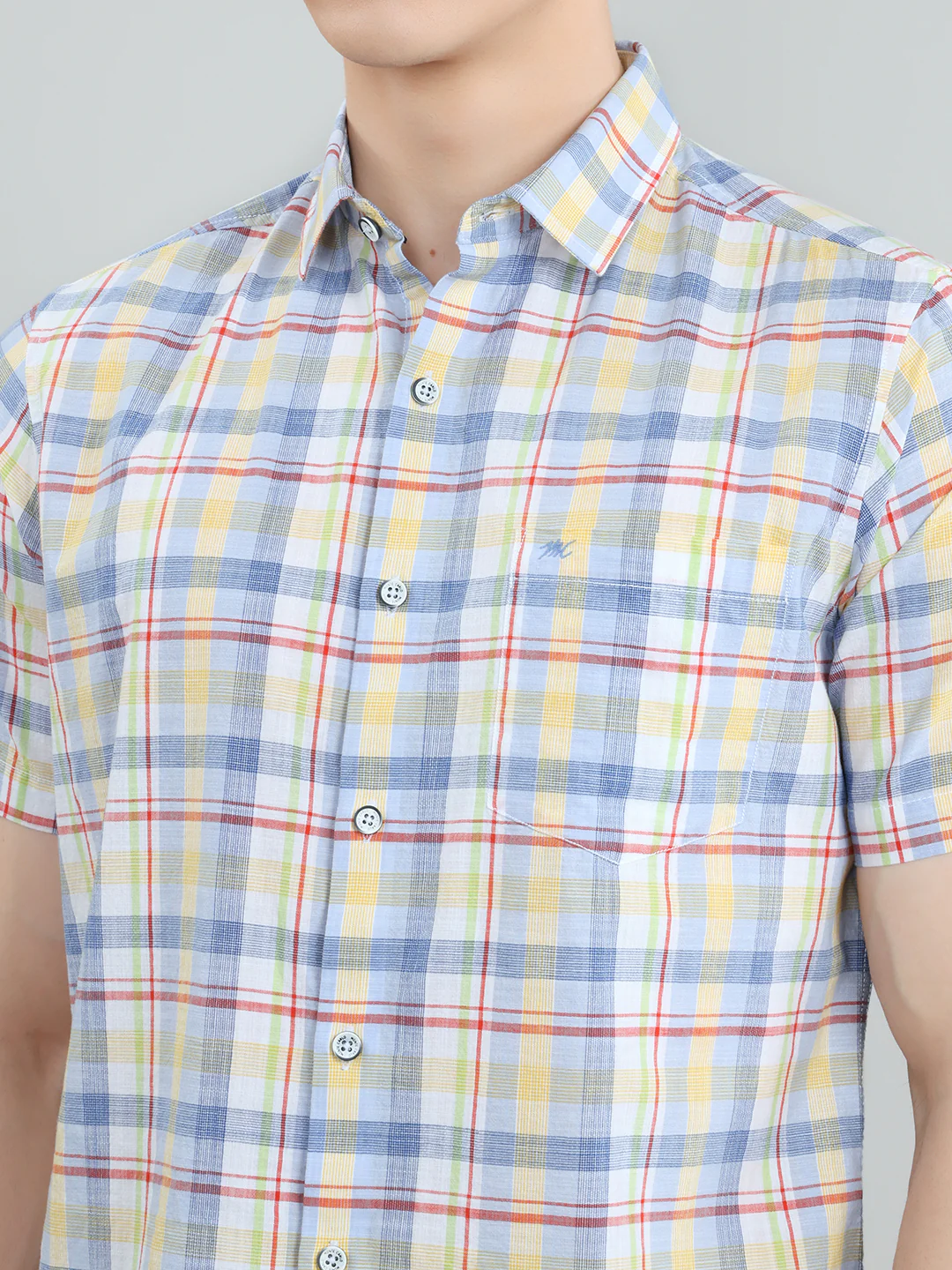Men Blue Check Collar Half Sleeve Shirt - Image 6