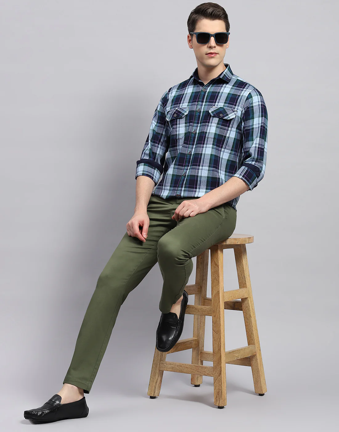 Men Blue Check Collar Neck Full Sleeve Shirt - Image 2