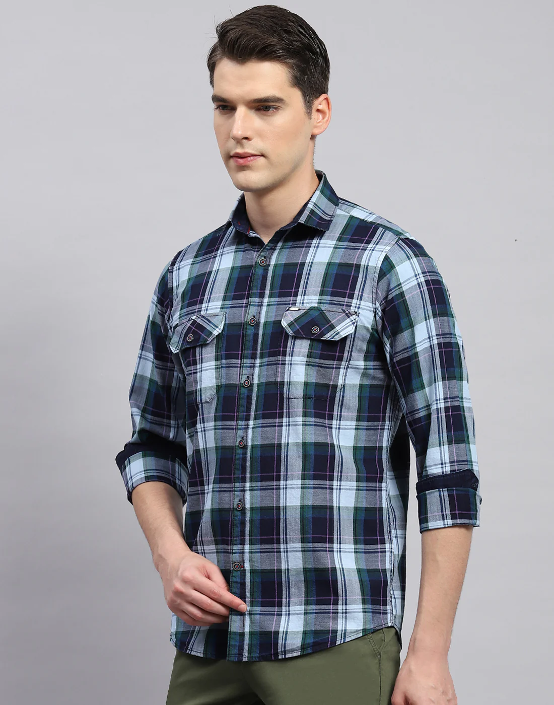 Men Blue Check Collar Neck Full Sleeve Shirt - Image 3