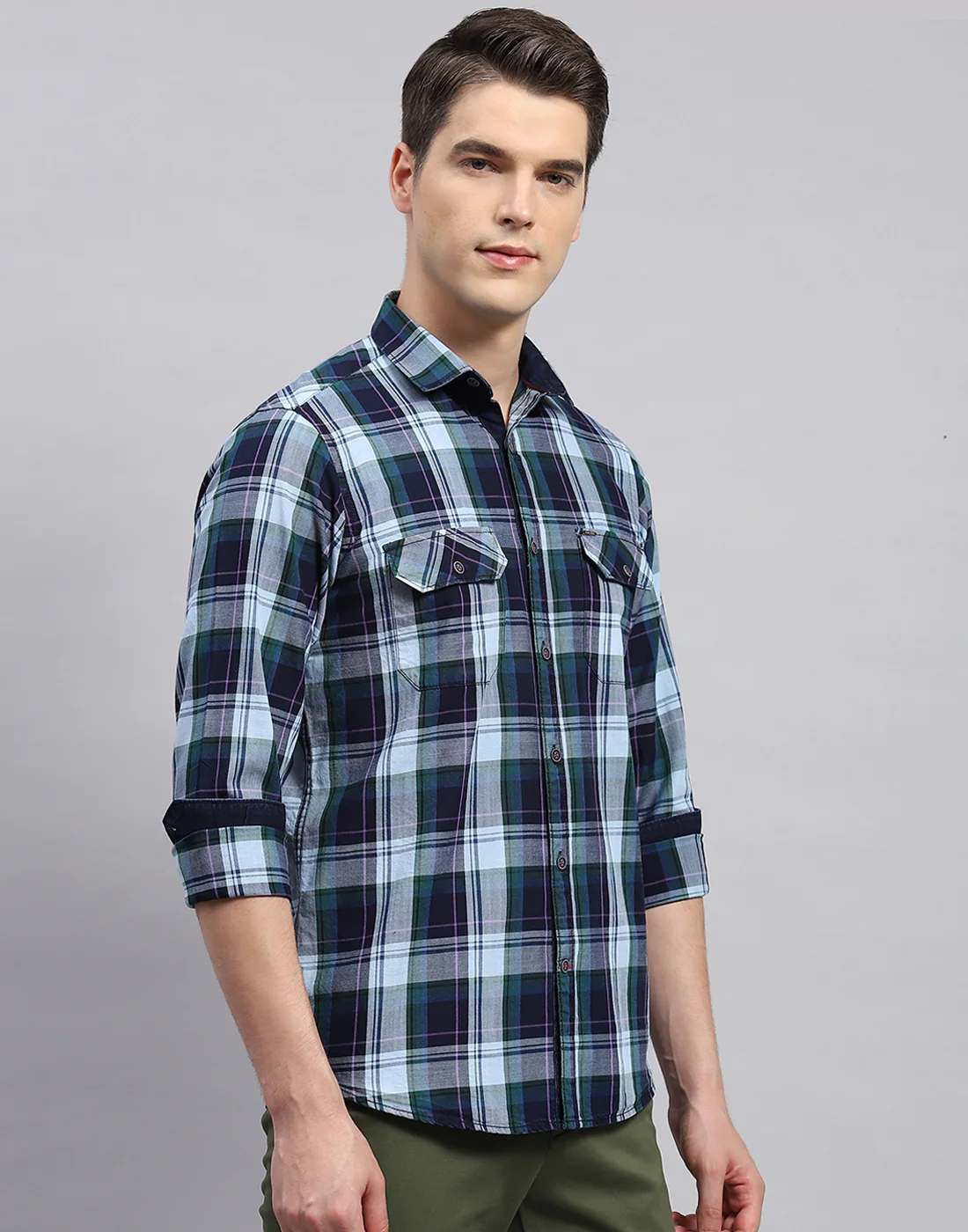 Men Blue Check Collar Neck Full Sleeve Shirt - Image 4