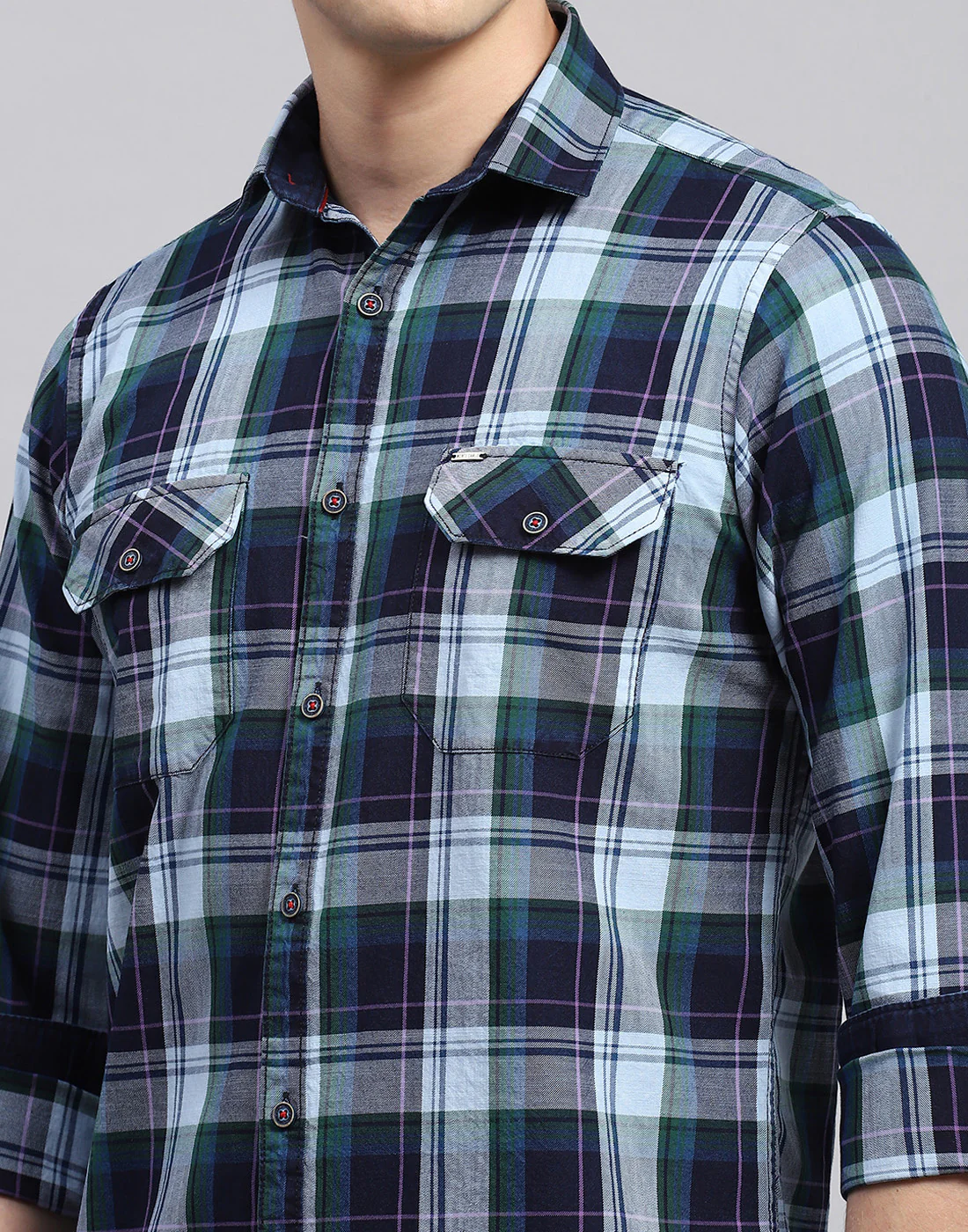 Men Blue Check Collar Neck Full Sleeve Shirt - Image 6