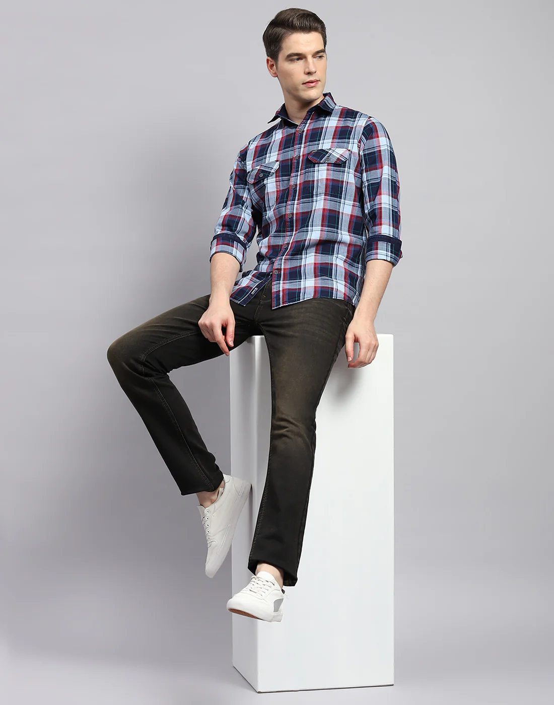 Men Blue Check Collar Neck Full Sleeve Shirt - Image 2