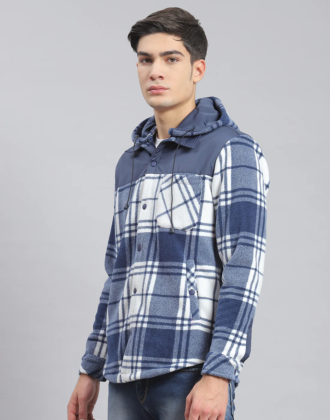 Men Blue Check Hooded Full Sleeve Shirt - Image 3
