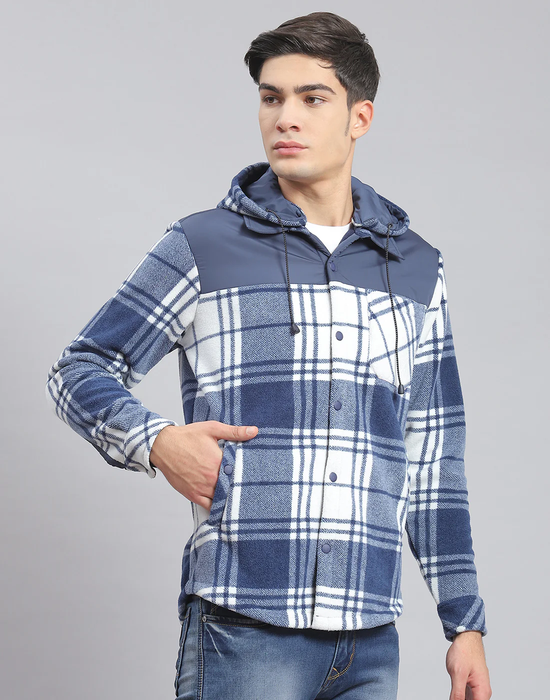 Men Blue Check Hooded Full Sleeve Shirt - Image 4