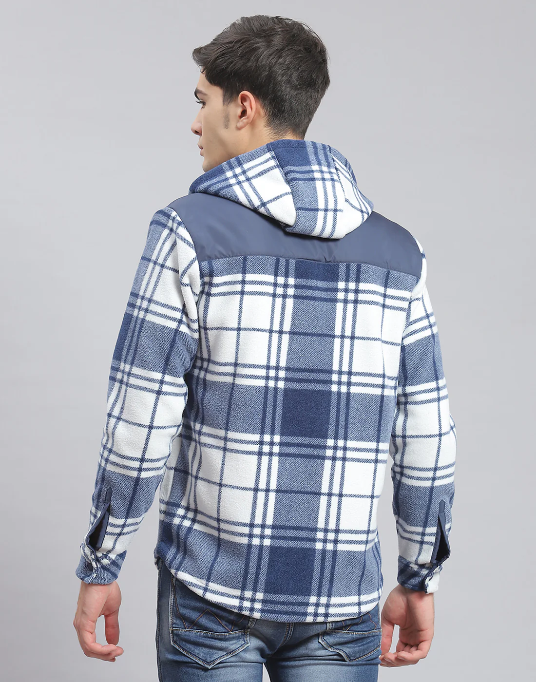 Men Blue Check Hooded Full Sleeve Shirt - Image 5