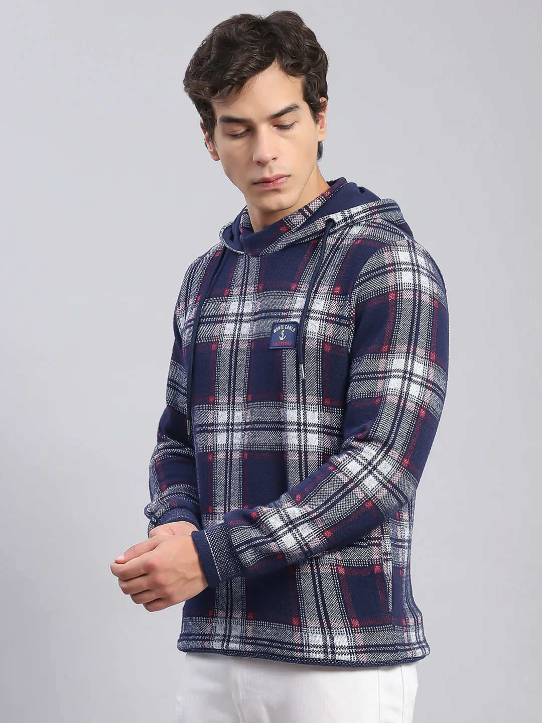 Men Blue Check Hooded Full Sleeve Sweatshirts - Image 3