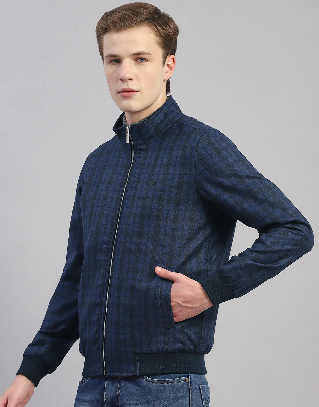 Men Blue Check Mandarin Collar Full Sleeve Jacket - Image 3