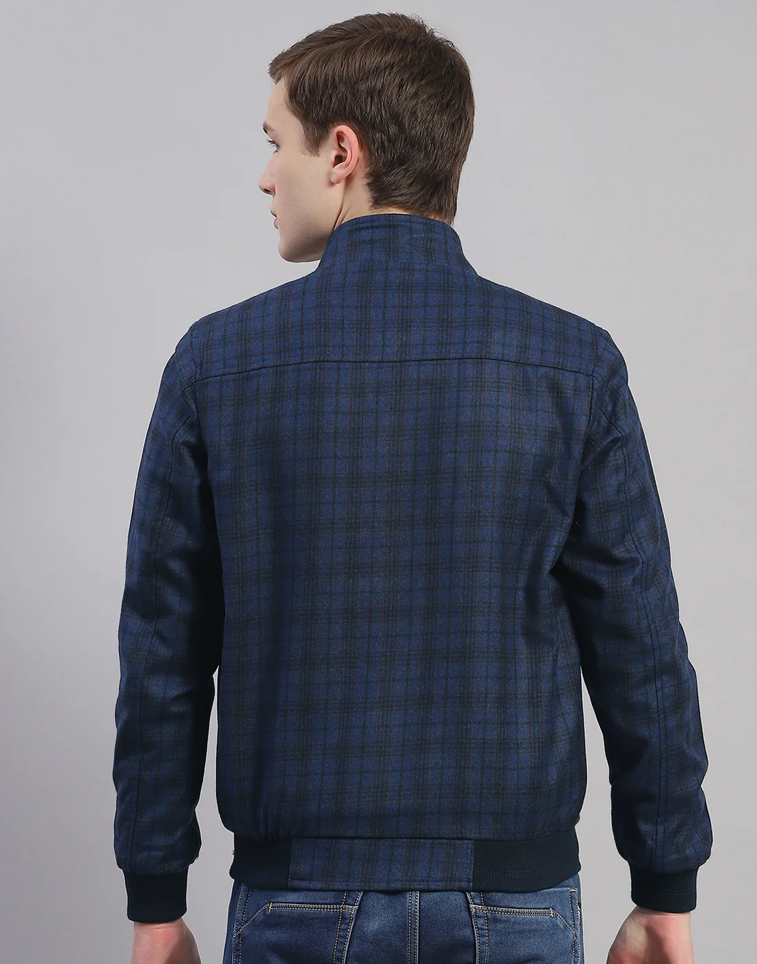 Men Blue Check Mandarin Collar Full Sleeve Jacket - Image 5