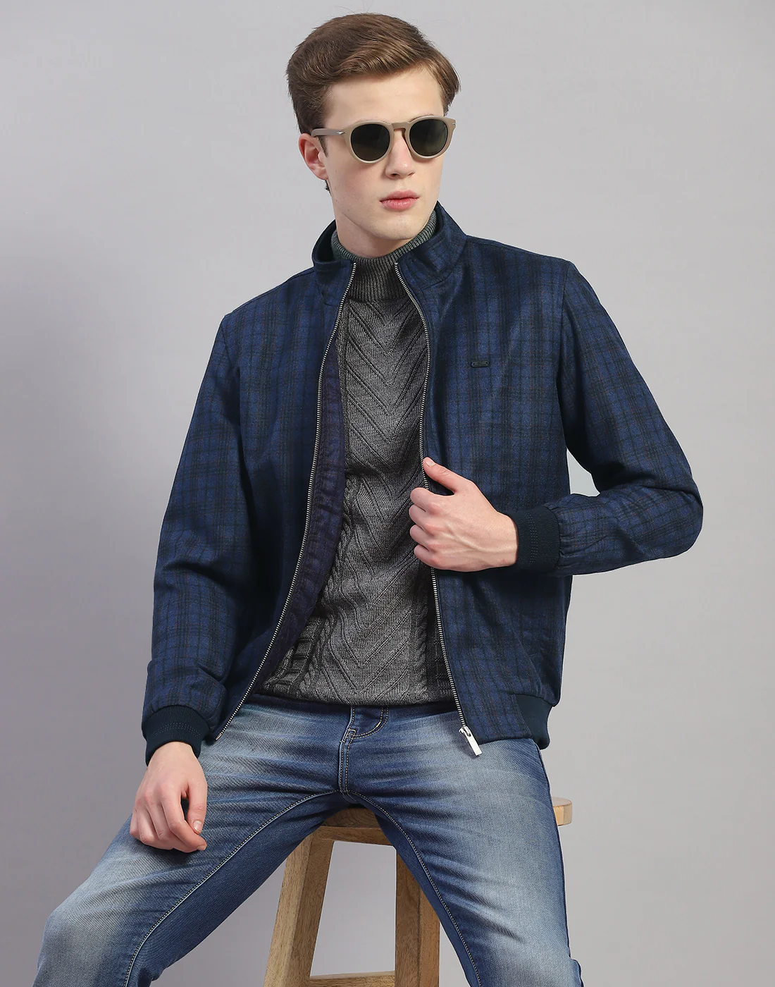 Men Blue Check Mandarin Collar Full Sleeve Jacket - Image 6