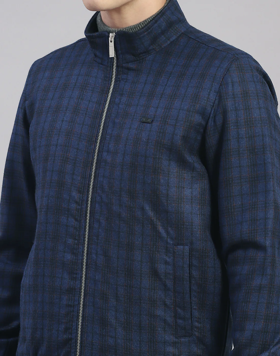 Men Blue Check Mandarin Collar Full Sleeve Jacket - Image 7