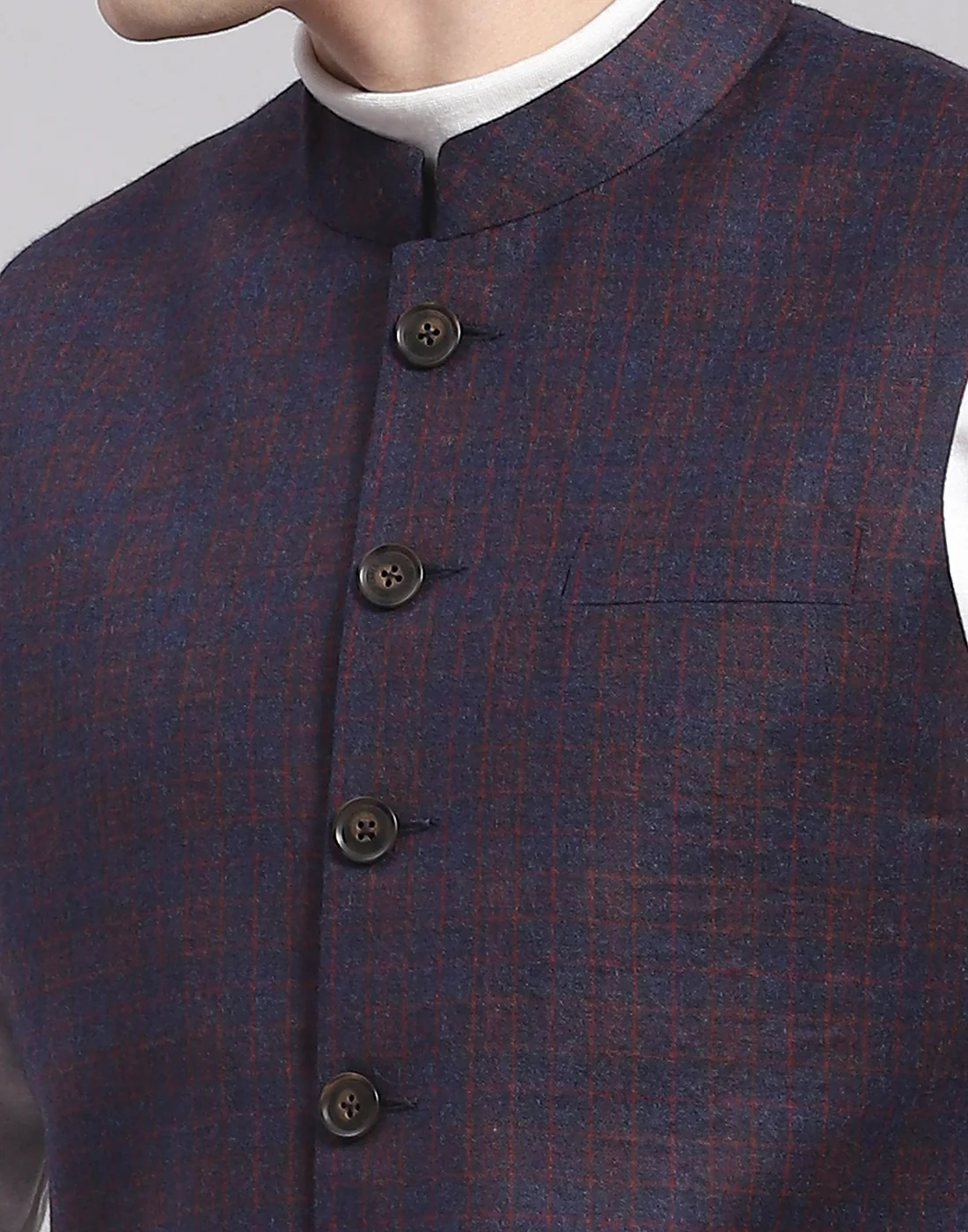 Men Blue Check Mandarin Collar Sleeveless Nehru Jacket - Image 6