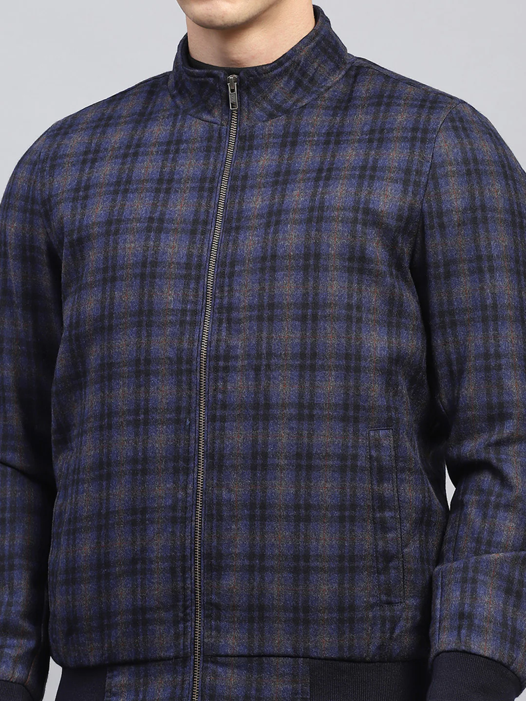 Men Blue Check Mock Neck Full Sleeve Coat - Image 6