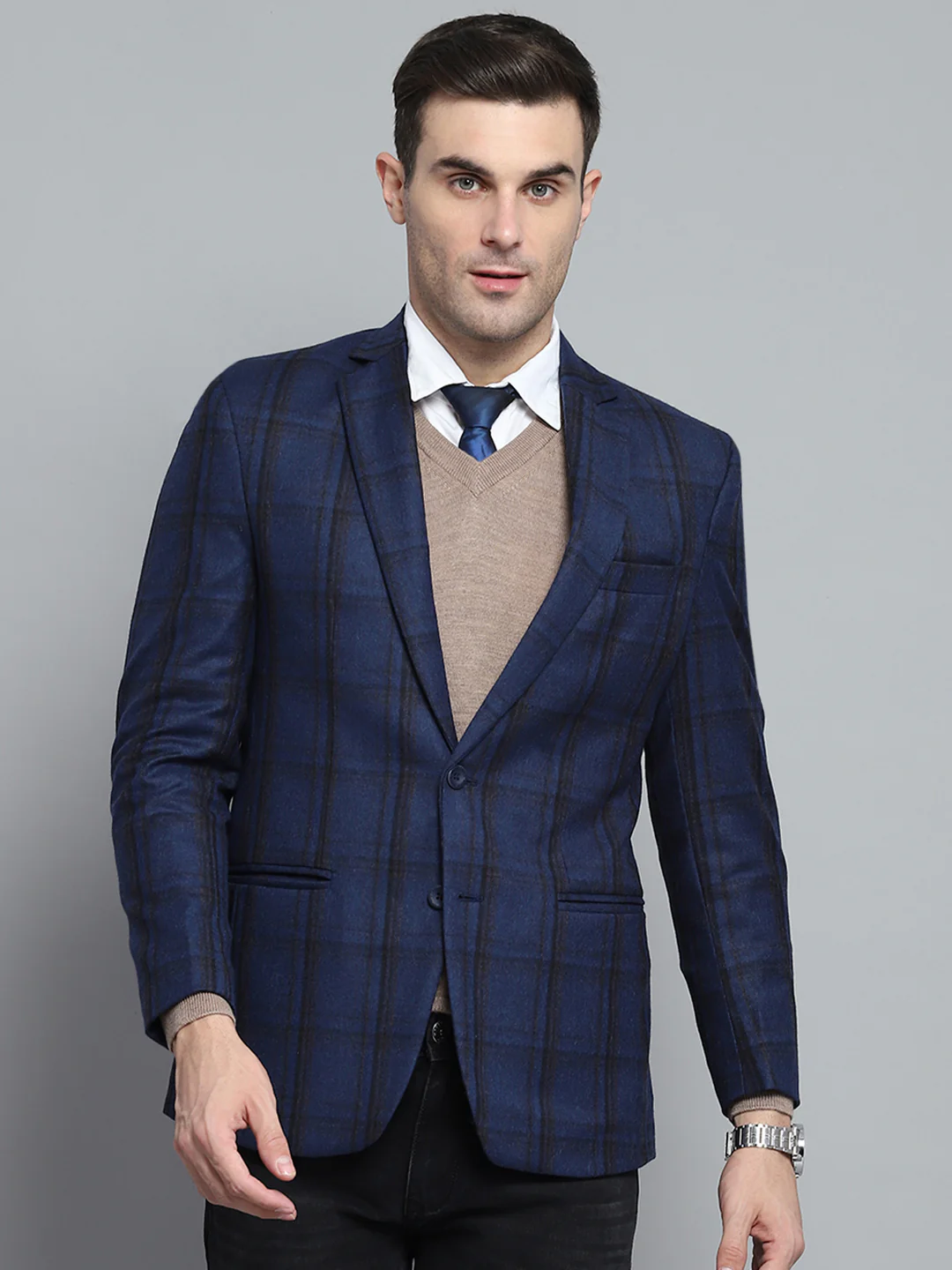 Men Blue Check Notch lapel Collar Full Sleeve Coat - Image 6