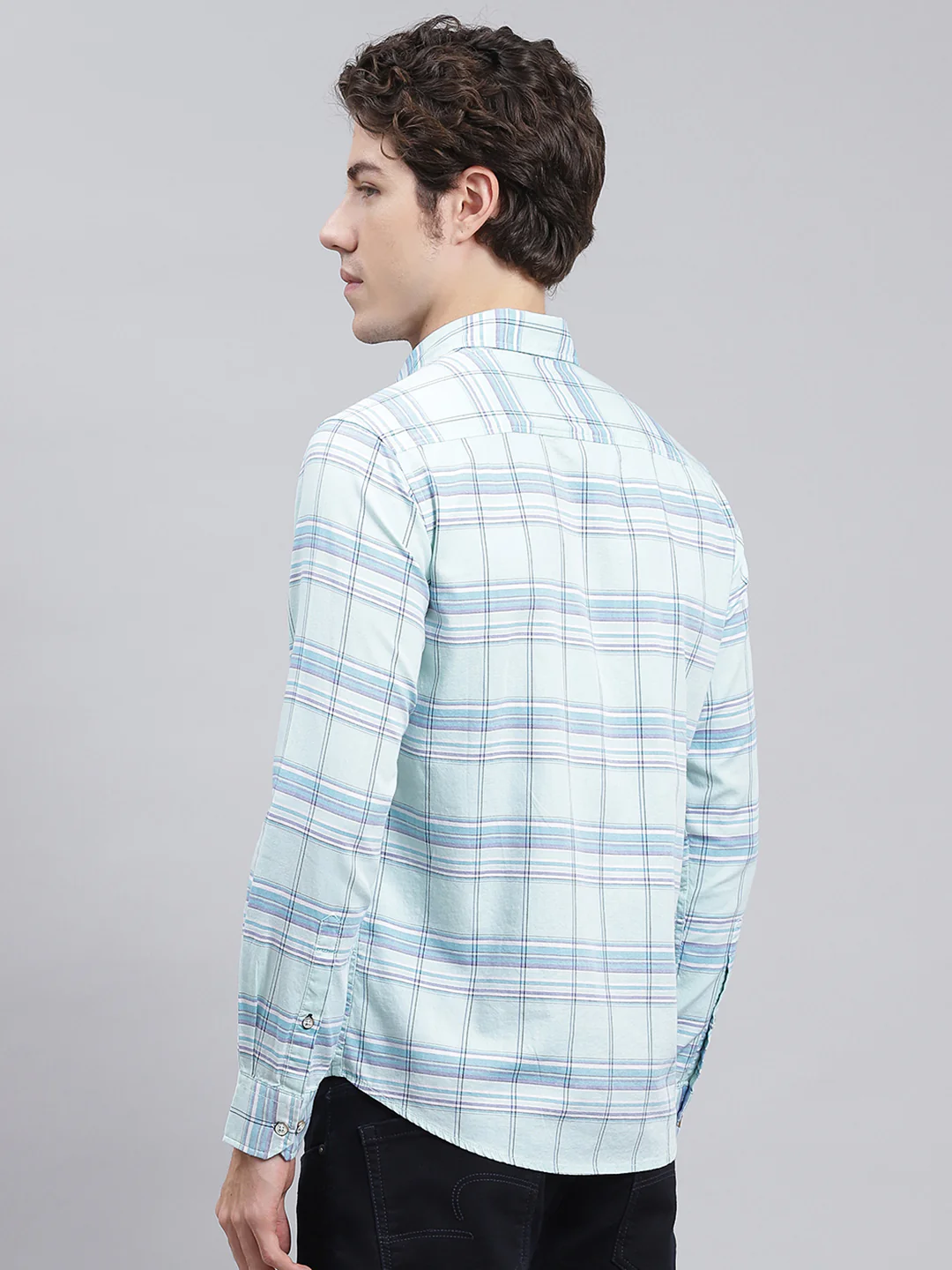 Men Blue Check Pure Cotton Shirt - Image 5