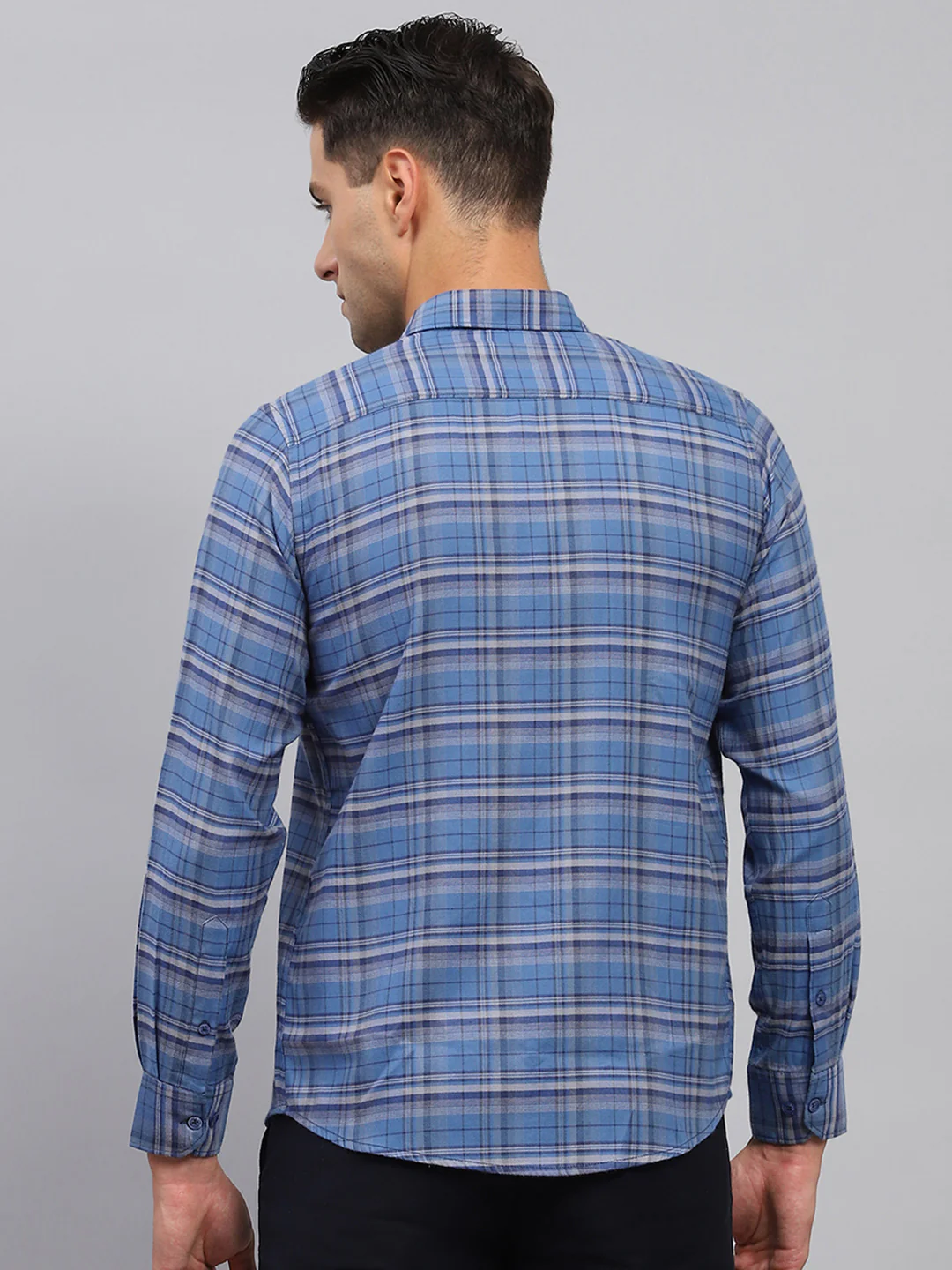 Men Blue Check Spread Collar Full Sleeve Shirt - Image 5
