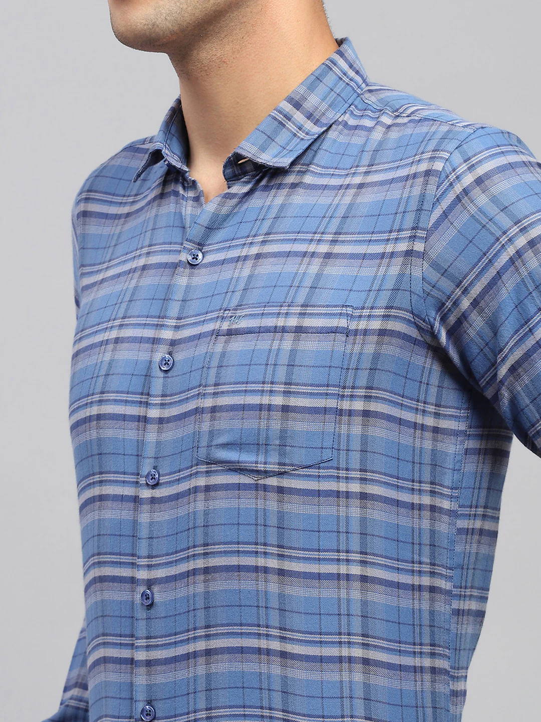 Men Blue Check Spread Collar Full Sleeve Shirt - Image 6