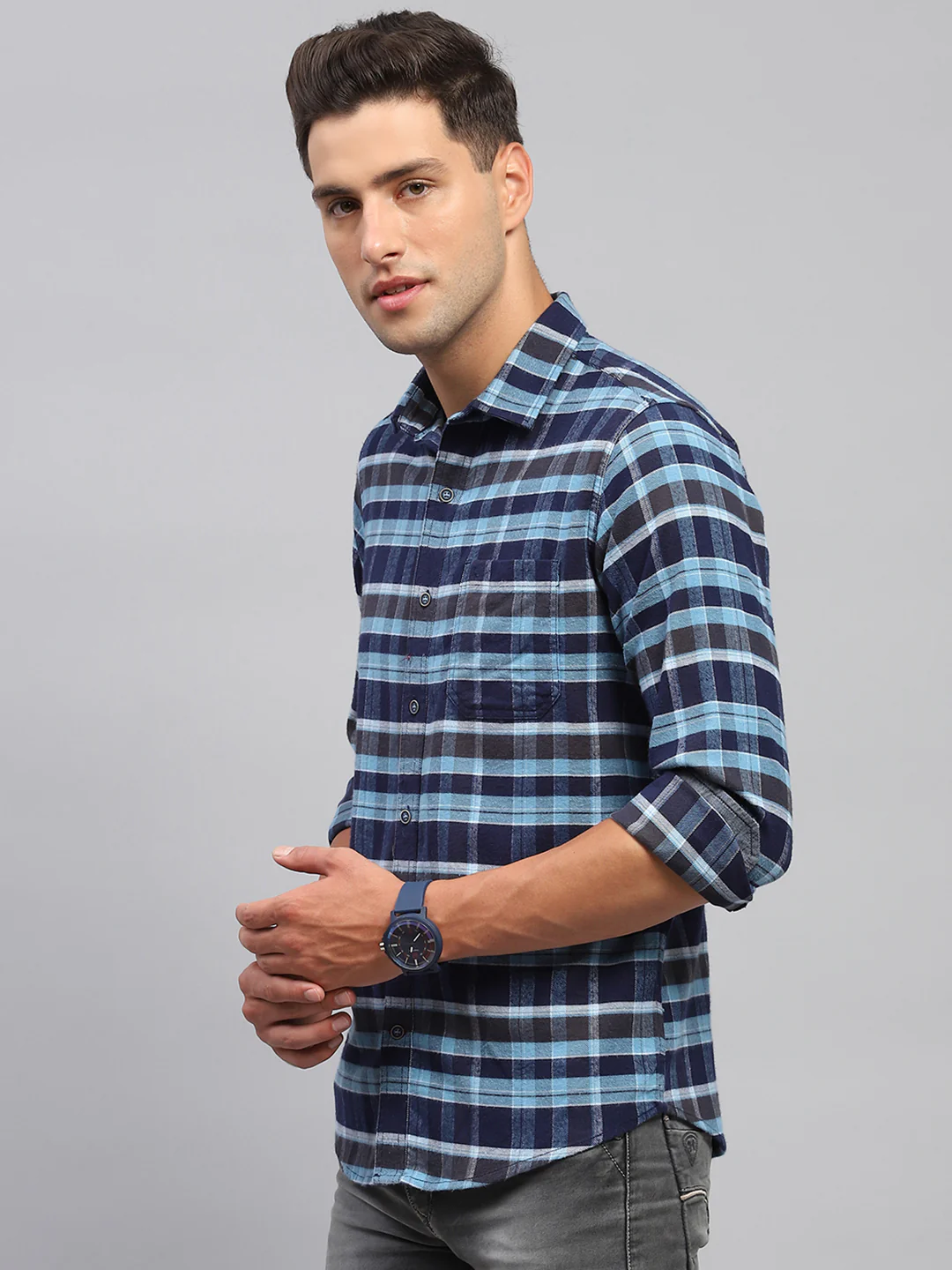 Men Blue Check Spread Collar Full Sleeve Shirt - Image 3