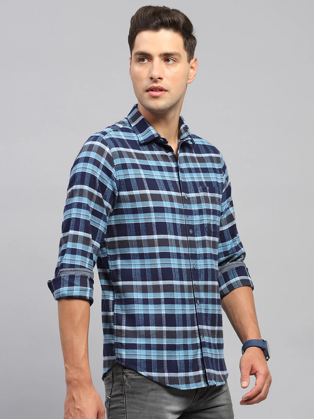 Men Blue Check Spread Collar Full Sleeve Shirt - Image 4
