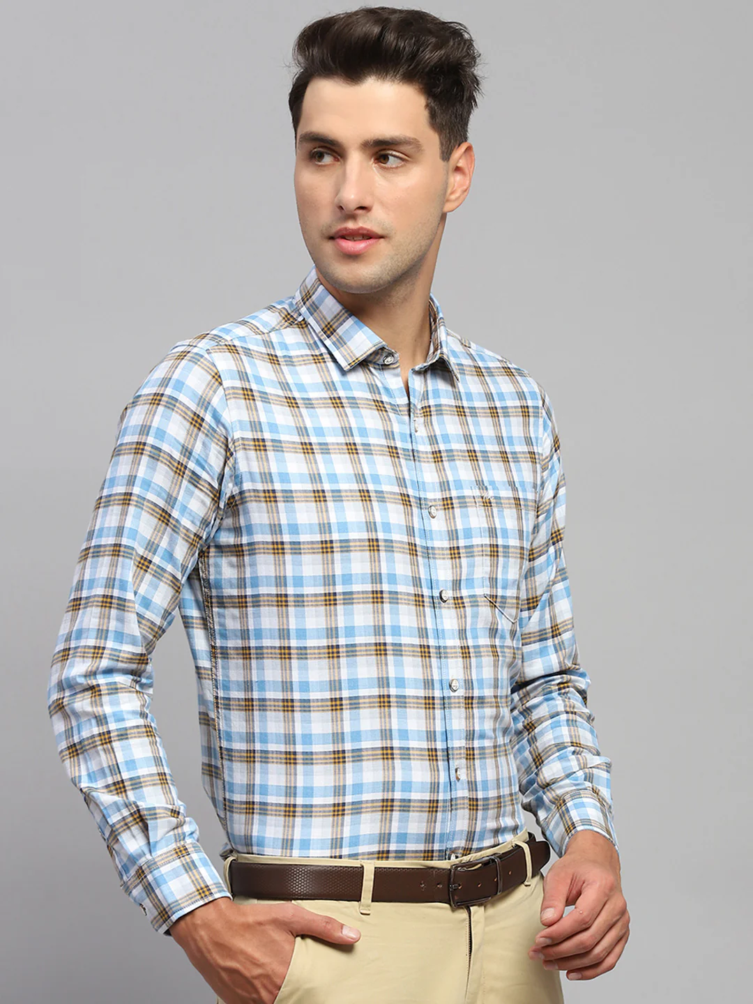 Men Blue Check Spread Collar Full Sleeve Shirt - Image 4