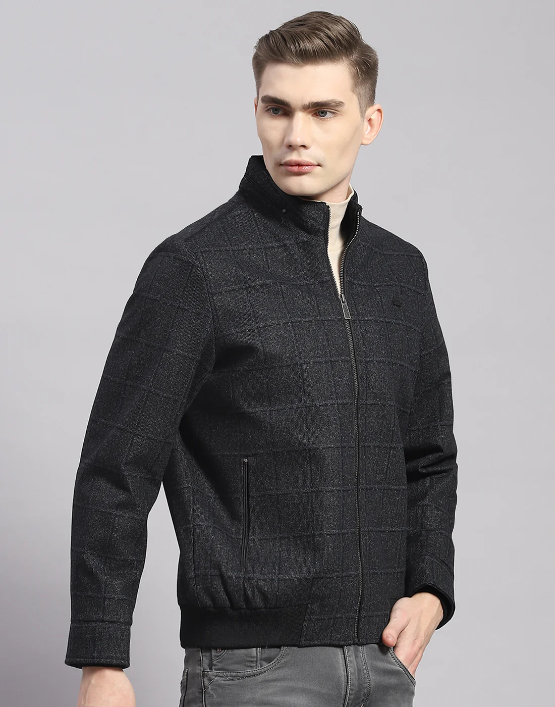 Men Blue Check Stand Collar Full Sleeve Jacket - Image 4