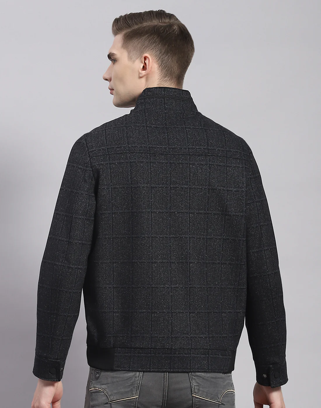 Men Blue Check Stand Collar Full Sleeve Jacket - Image 5