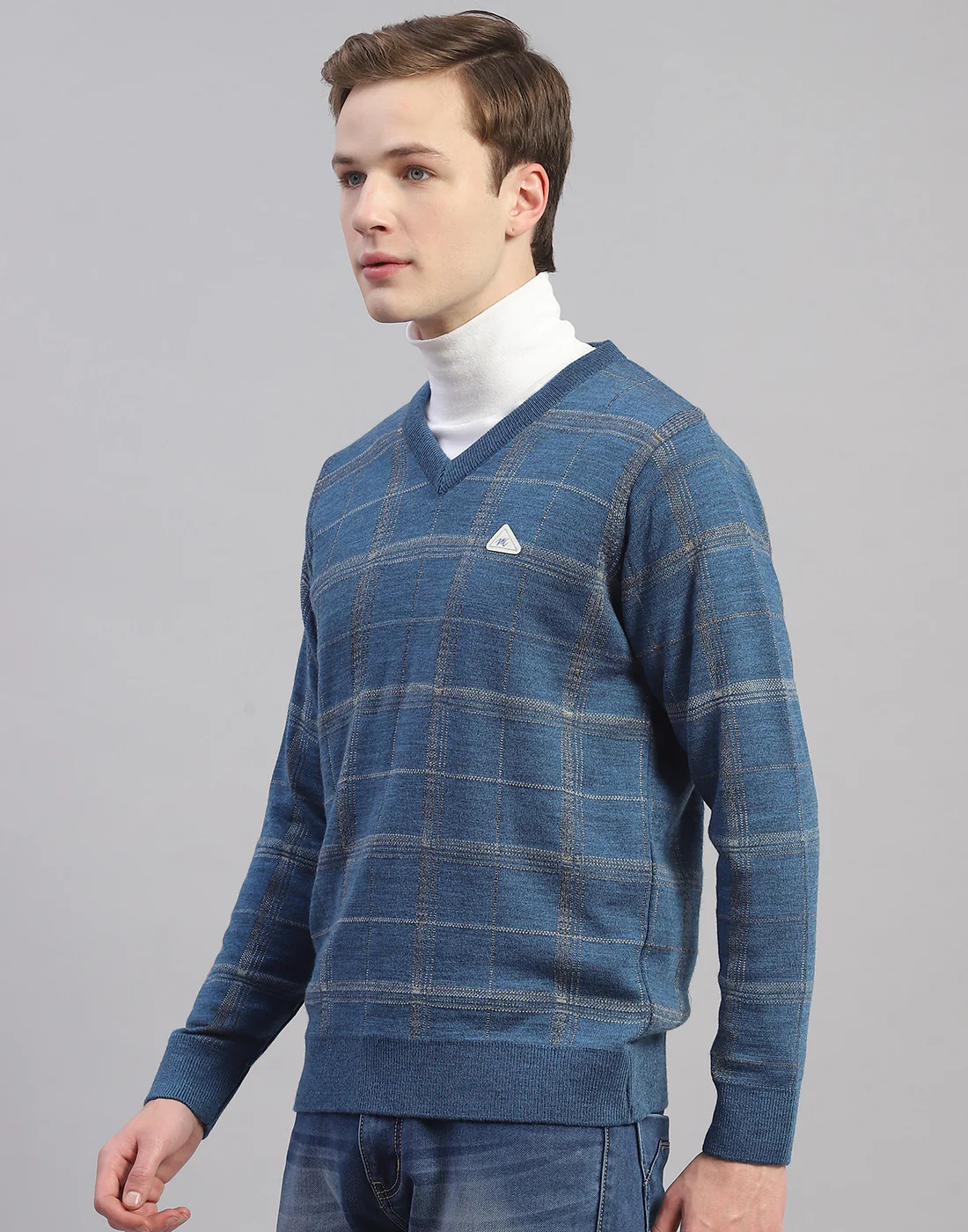 Men Blue Check V Neck Full Sleeve Pullover - Image 3