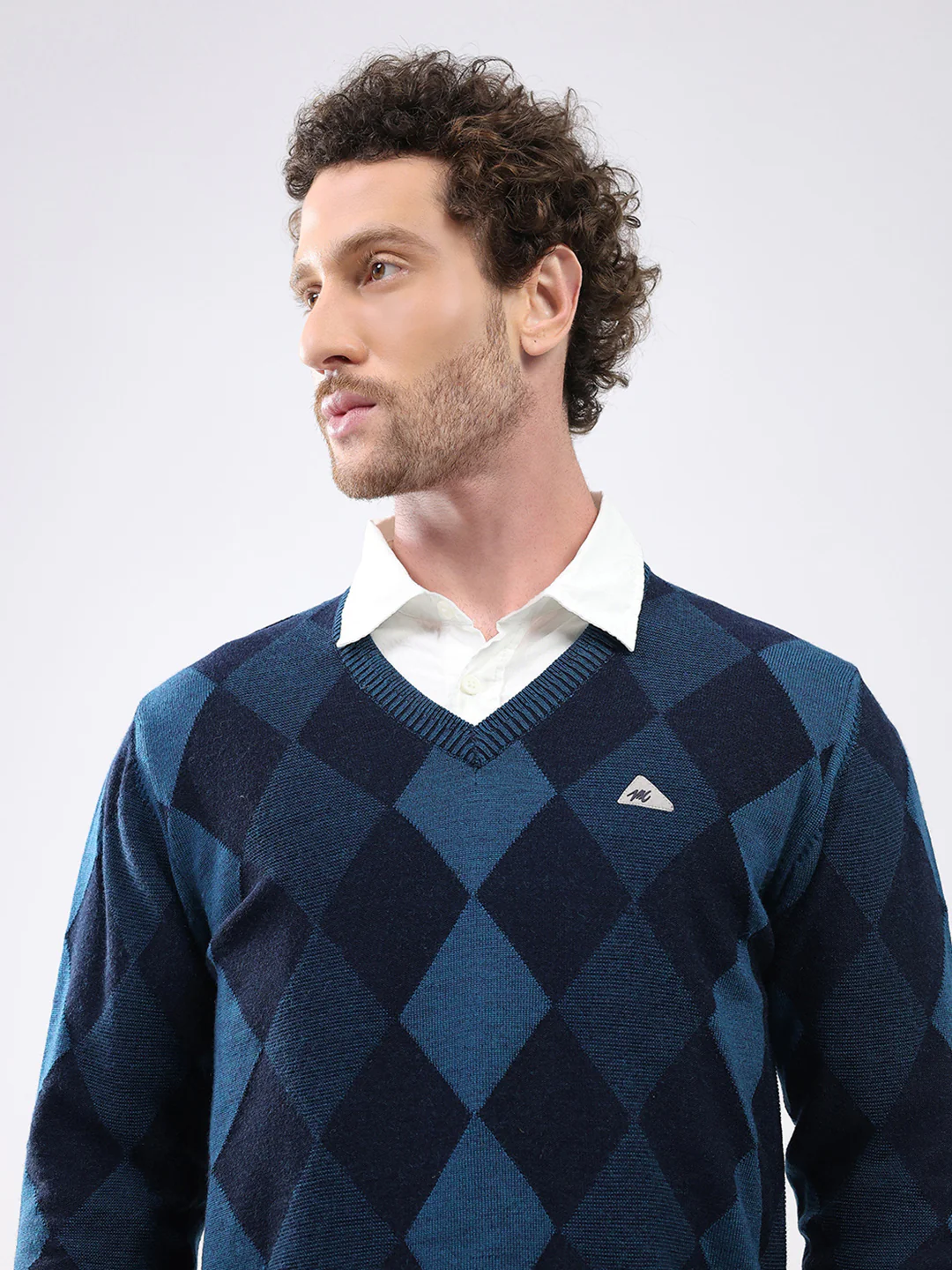 Men Blue Geometric V Neck Full Sleeve Pullover - Image 6