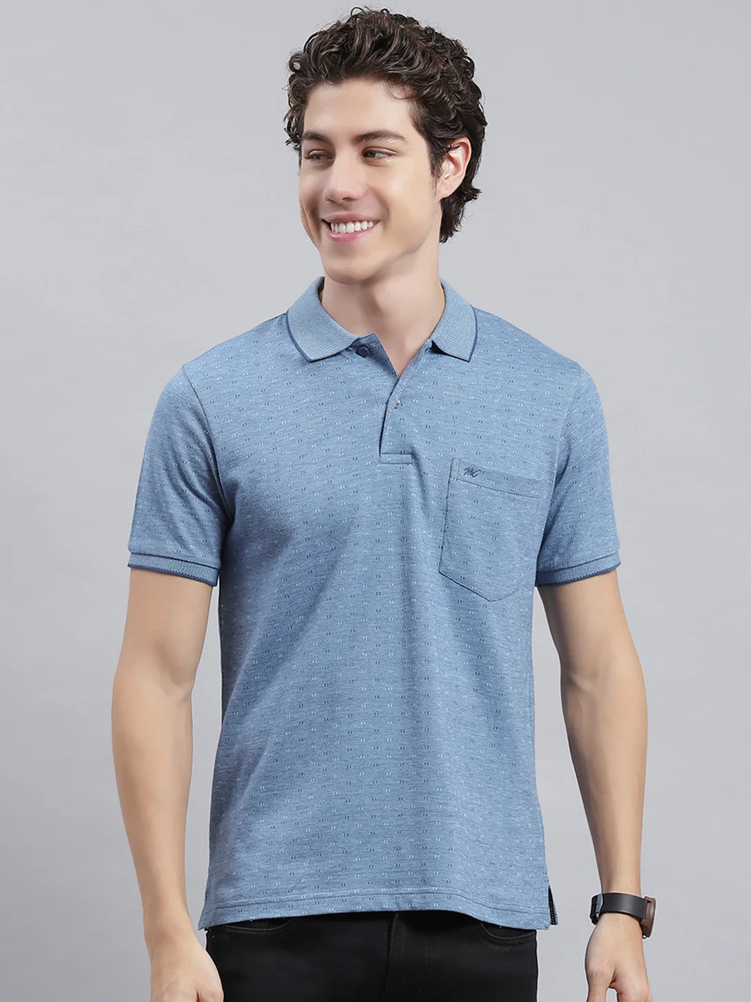 Men Blue Jaquard T-Shirt - Image 2