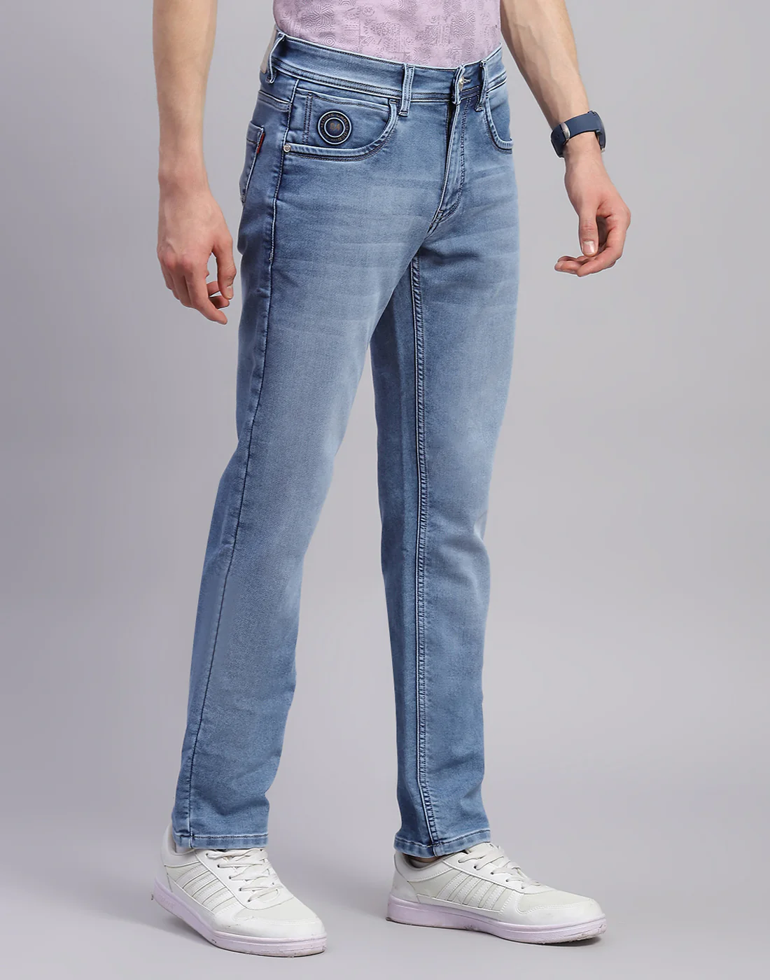 Men Blue Light Wash Narrow Fit Denim - Image 4