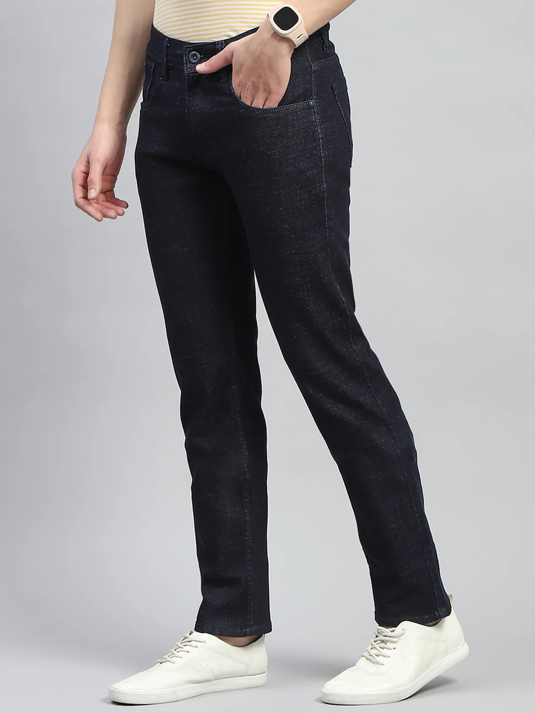 Men Dark Blue Solid Narrow Fit Denim - Image 5