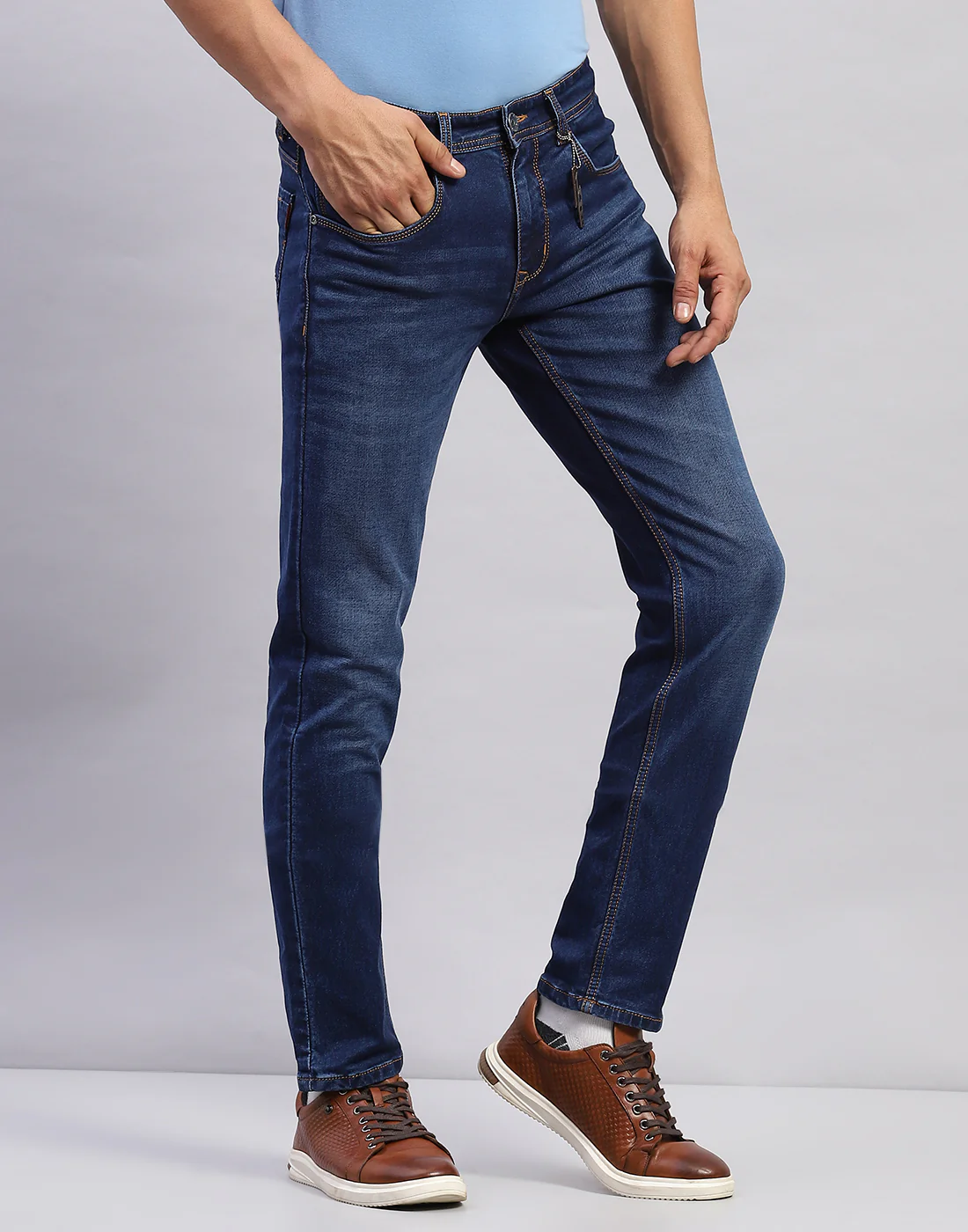 Men Blue Light Wash Narrow Fit Denim - Image 4