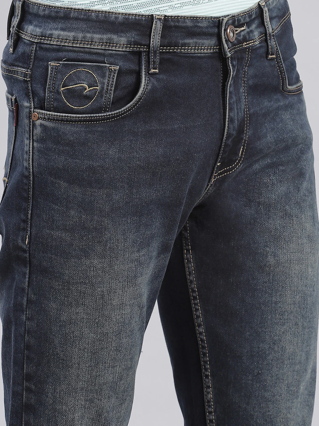 Men Blue Light Wash Regular Fit Denims - Image 6