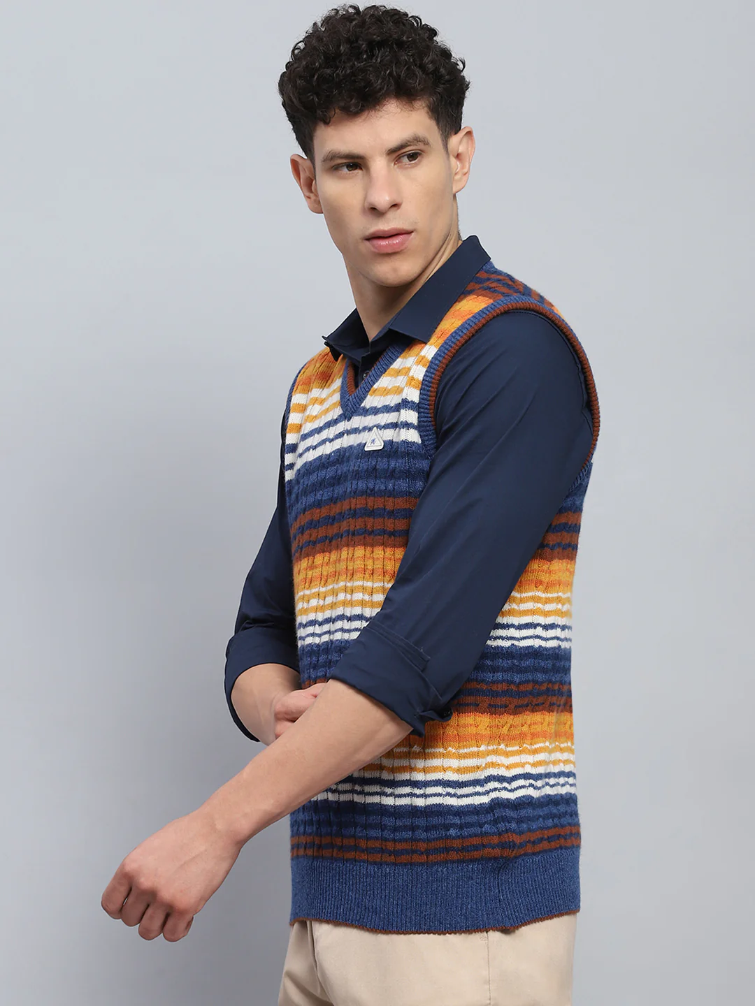 Men Blue & Orange Stripe V Neck Sleeveless Sweater - Image 3