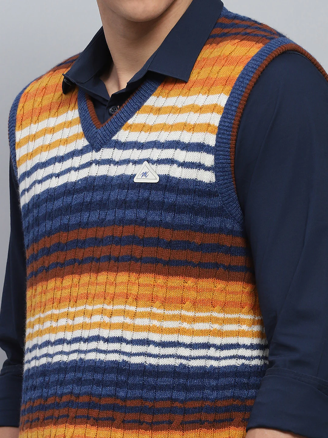 Men Blue & Orange Stripe V Neck Sleeveless Sweater - Image 6