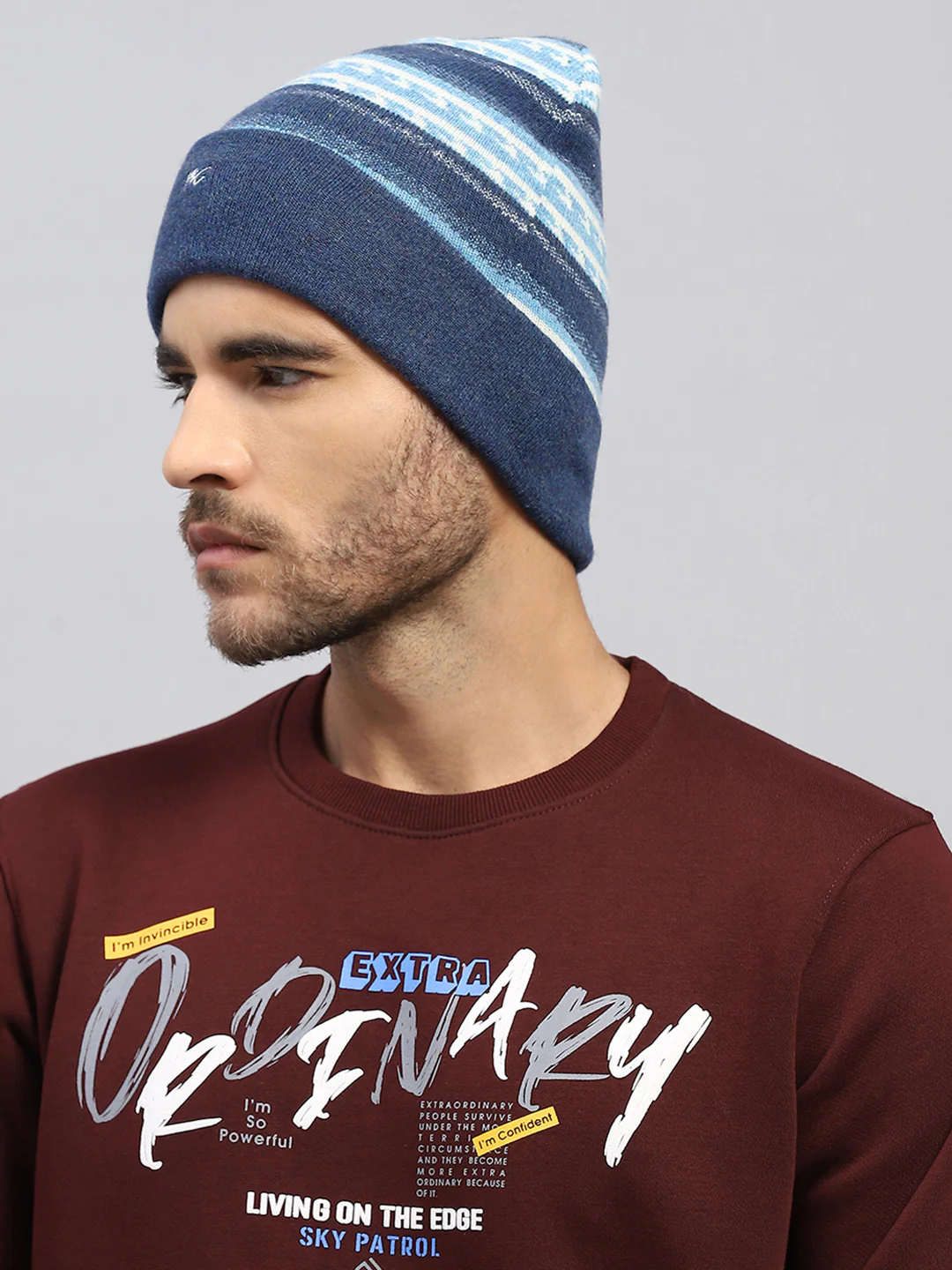 Men Blue Printed Blend Wool Cap - Image 3