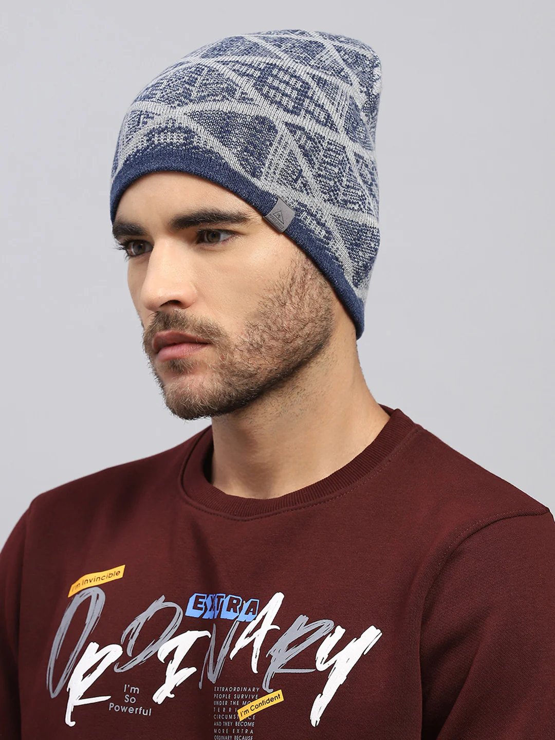 Men Blue Printed Blend Wool Cap - Image 3