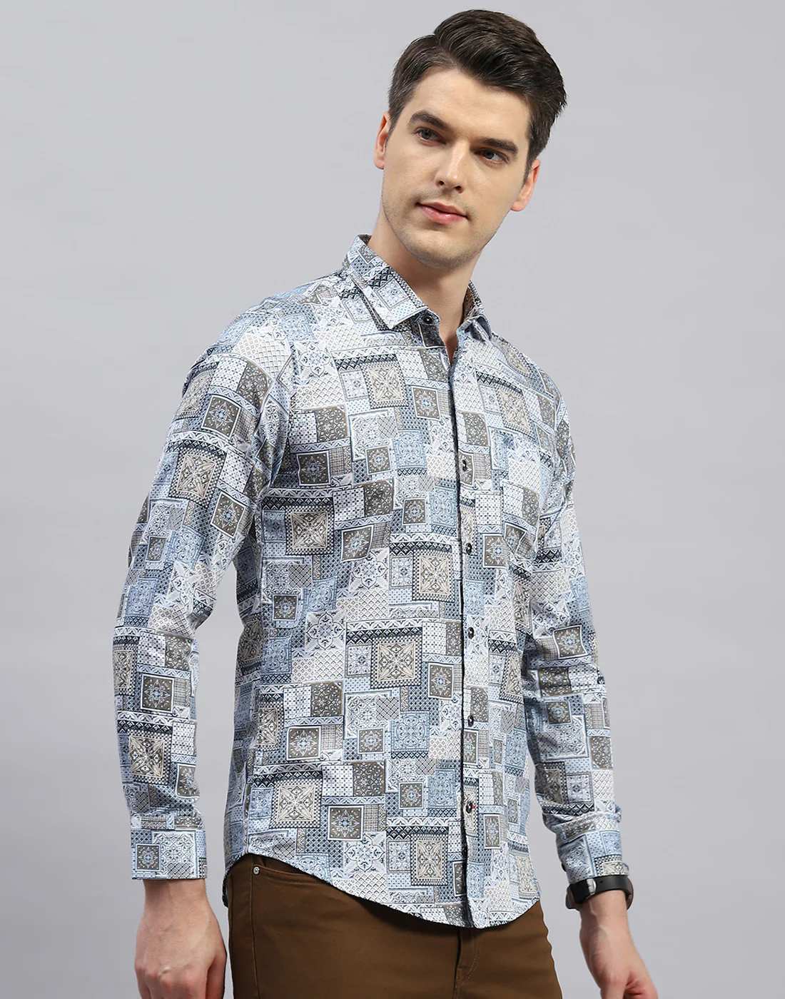 Men Blue Printed Collar Full Sleeve Shirt - Image 4
