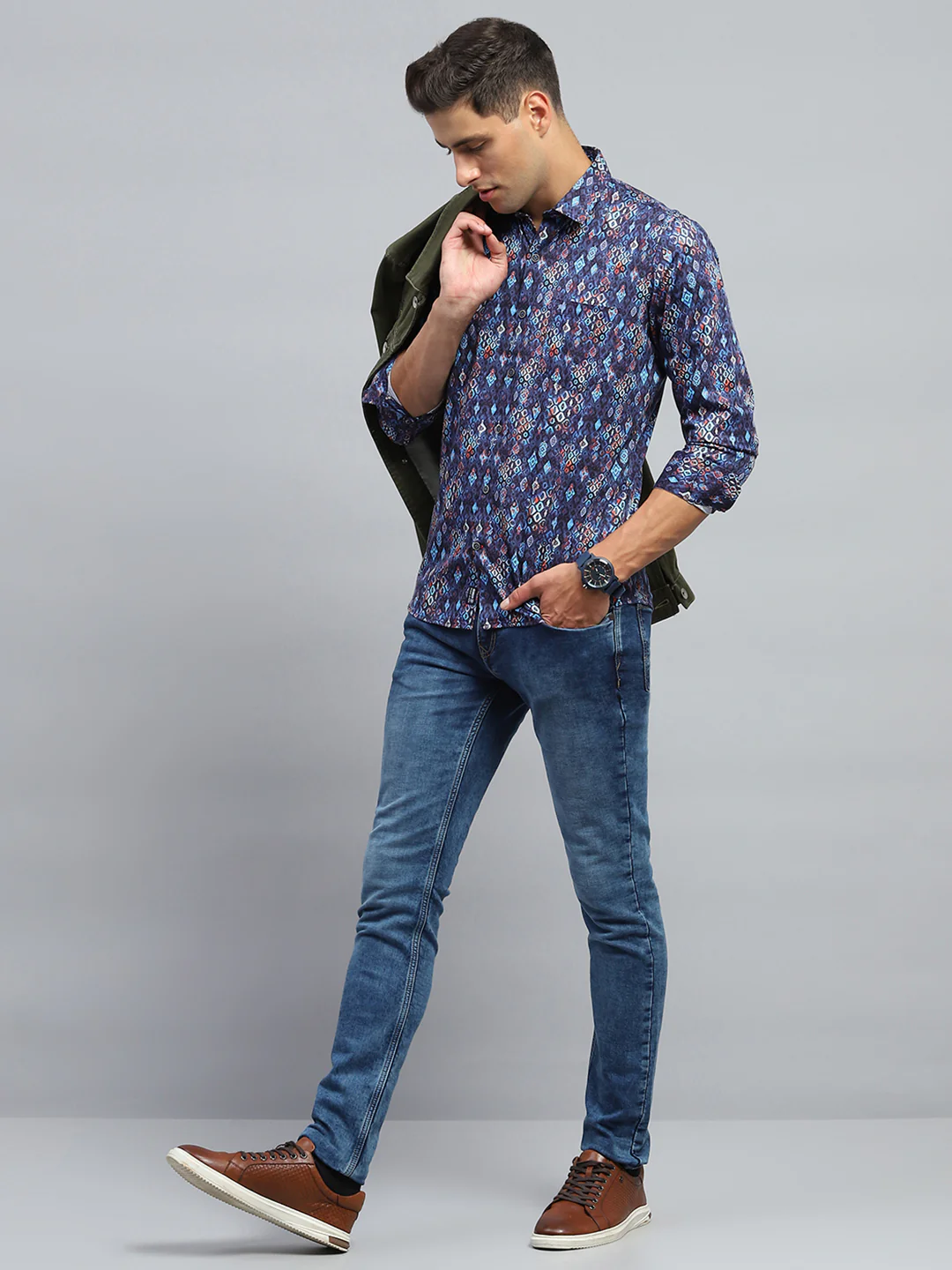 Men Blue Printed Collar Full Sleeve Shirt - Image 2