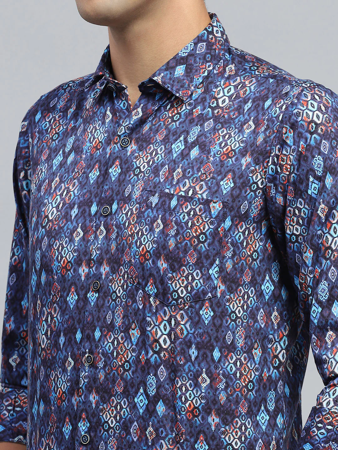 Men Blue Printed Collar Full Sleeve Shirt - Image 6