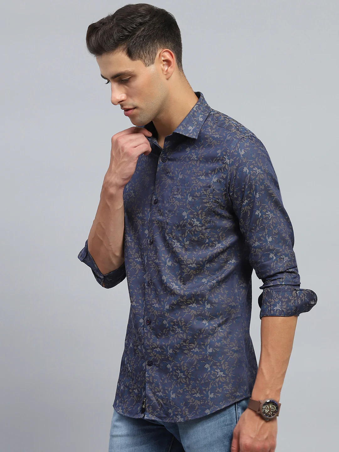 Men Blue Printed Collar Full Sleeve Shirt - Image 3