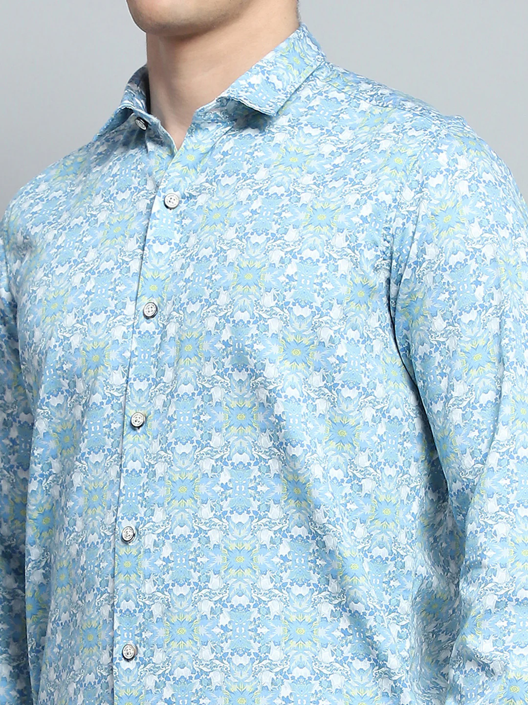 Men Blue Printed Collar Full Sleeve Shirt - Image 6